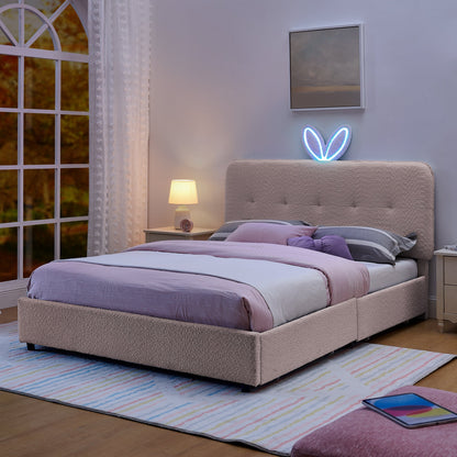 Queen Size Kids Upholstered Bed with Rabbit Ear Headboard & Storage - Boucle