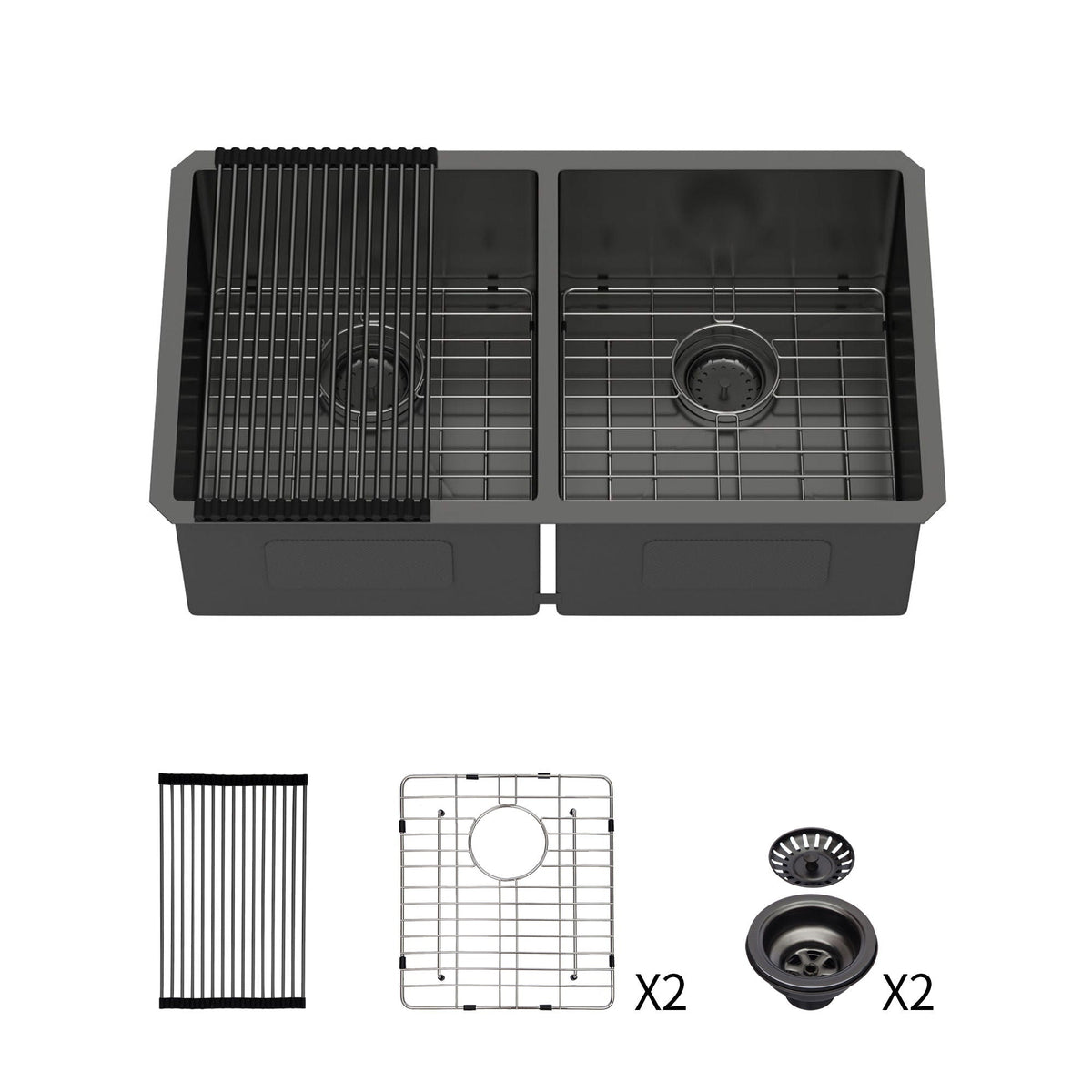 Double Bowl Undermount Kitchen Sink with Deep Dual Basins - Gunmetal Black