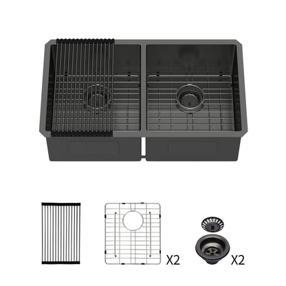 Double Bowl Undermount Kitchen Sink with Deep Dual Basins - Gunmetal Black
