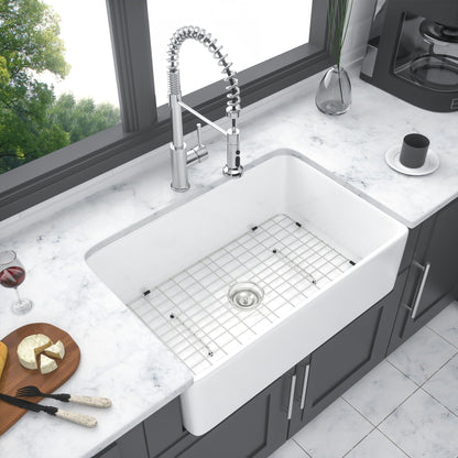 Apron Front Reversible Single Bowl Kitchen Sink with Grid and Strainer - White