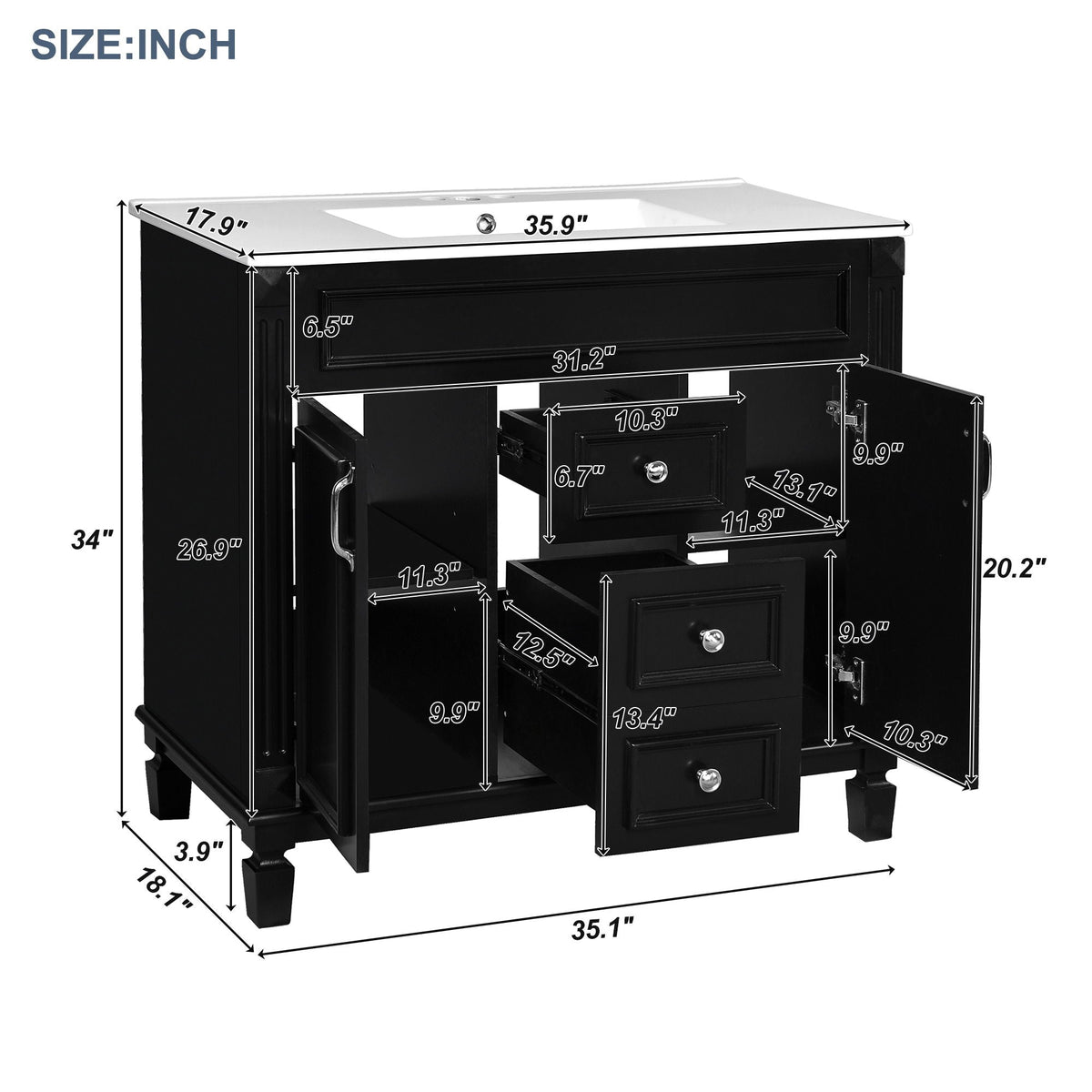 Bathroom Vanity with Ceramic Sink and Soft-Closing Storage - Dark Gray, White, or Black