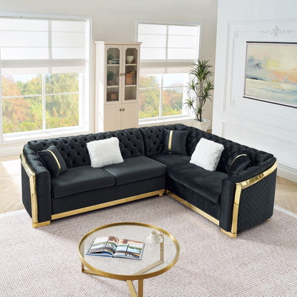 L Shaped Chesterfield Sectional Sofa with Stainless Steel Accents - Pink, Black, Beige
