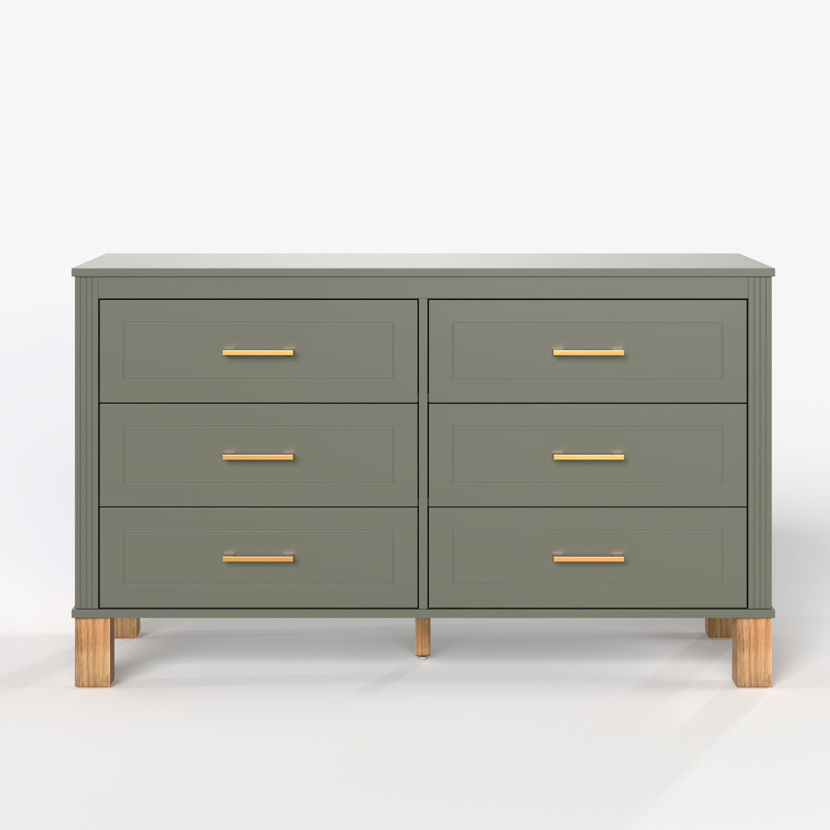 6-Drawer Double Dresser with Solid Wood Legs - Olive
