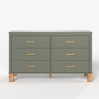 6-Drawer Double Dresser with Solid Wood Legs - Olive