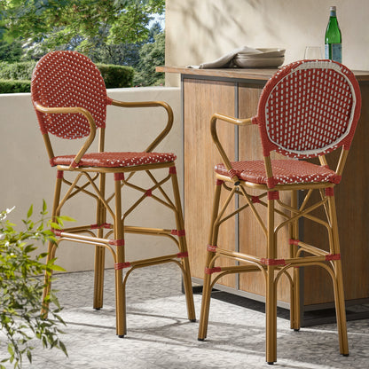 Outdoor Wicker and Aluminum French Barstools, Set of 2 with Rust-Resistant Frame - Natural