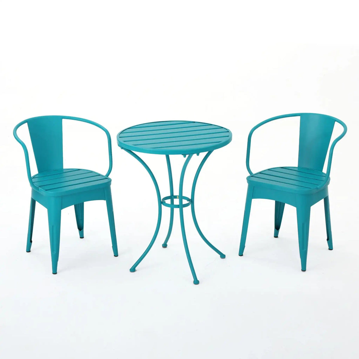 Colmar 3 Piece Metal Outdoor Set with Stackable Armchairs – Light Blue or Yellow