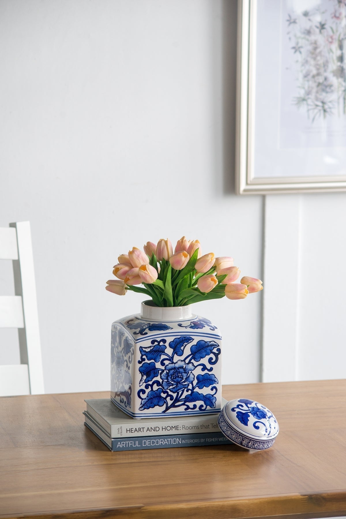 Hand Painted Square Ceramic Canister with Blue Floral Pattern - White & Blue