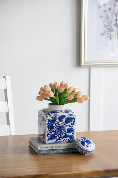 Hand Painted Square Ceramic Canister with Blue Floral Pattern - White & Blue