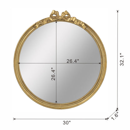 Round Decorative Wood Frame Wall Mirror with Scrollwork Crown - Gold