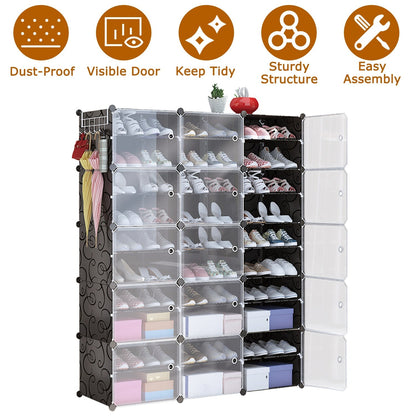 10-Tier 3-Row Shoe Rack Organizer Stackable Free Standing Shoe Storage Shelf Plastic Shoe Cabinet Tower with Transparent Doors for Heels Boots Slipper