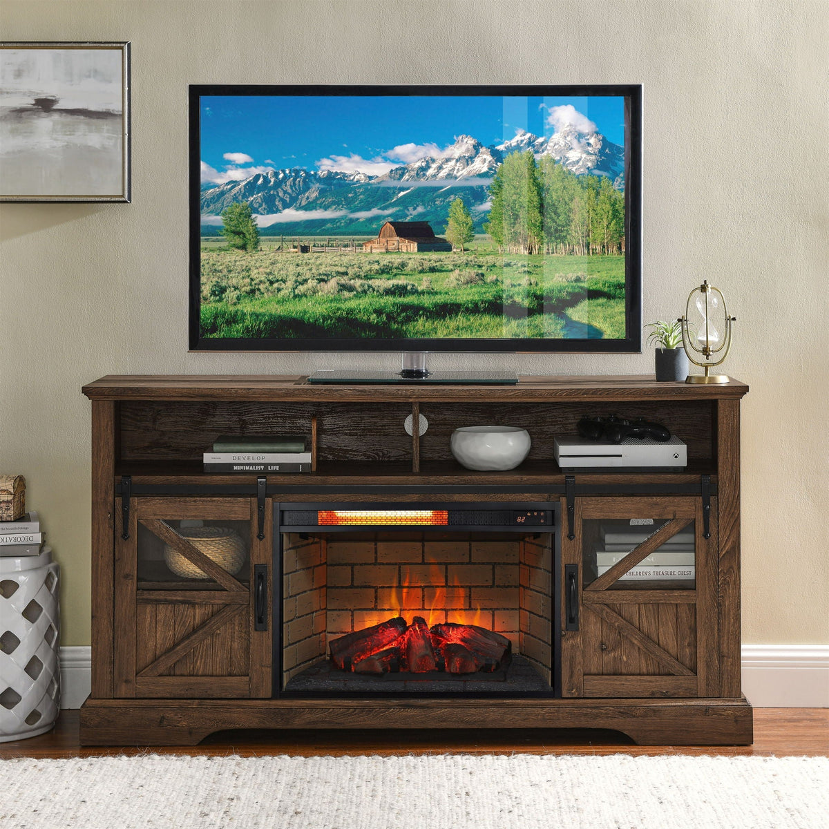Infrared Quartz Heater Fireplace Insert with Brick - Black