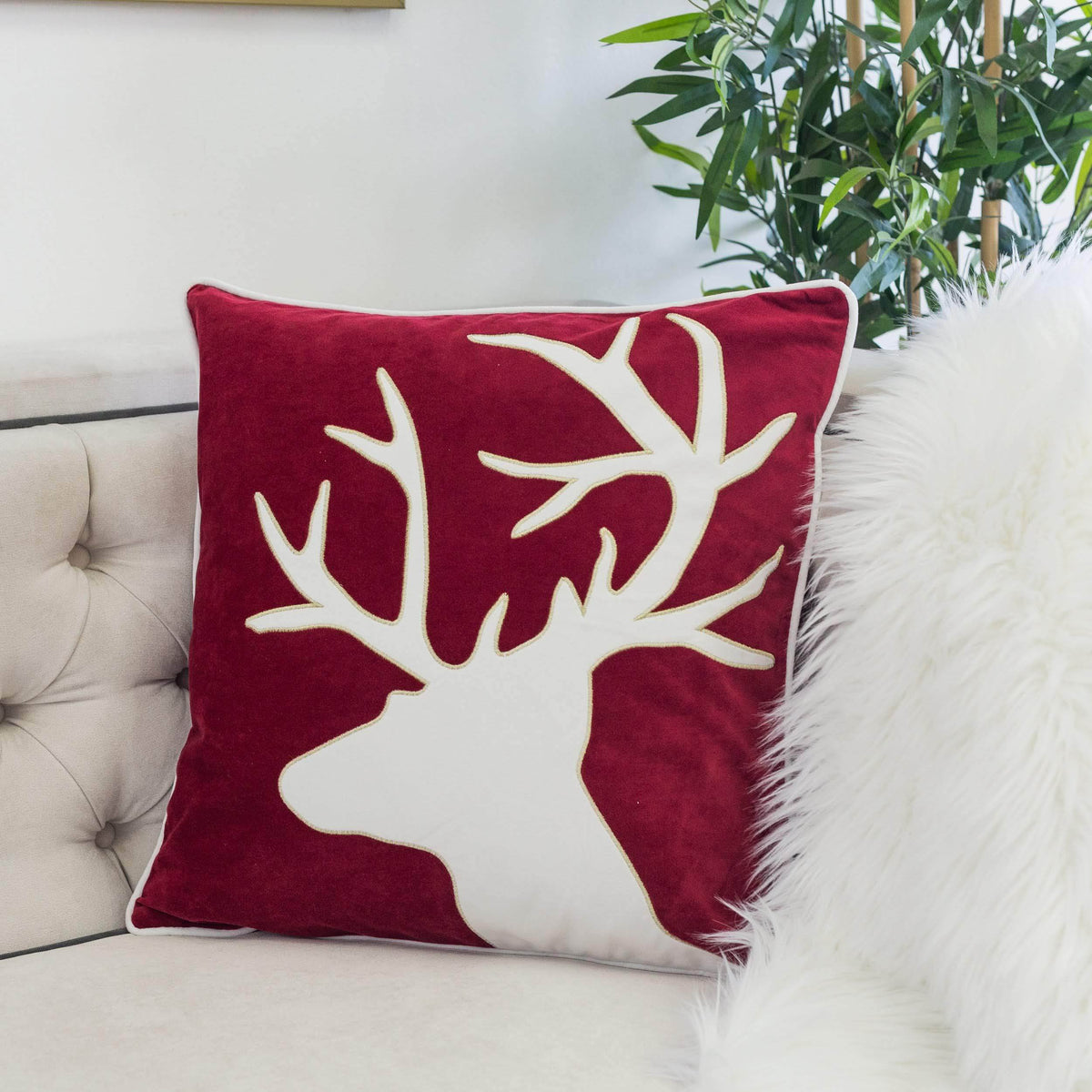 Holiday Reindeer Velvet Accent Pillow with Insert - Red and White