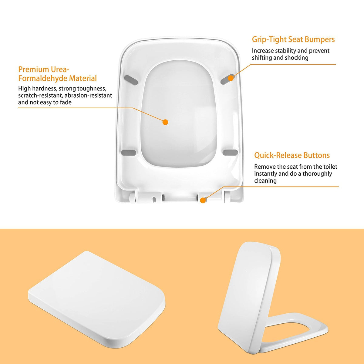 Square Toilet Seat with Grip-Tight Bumpers, Quiet-Close & Quick-Release – White