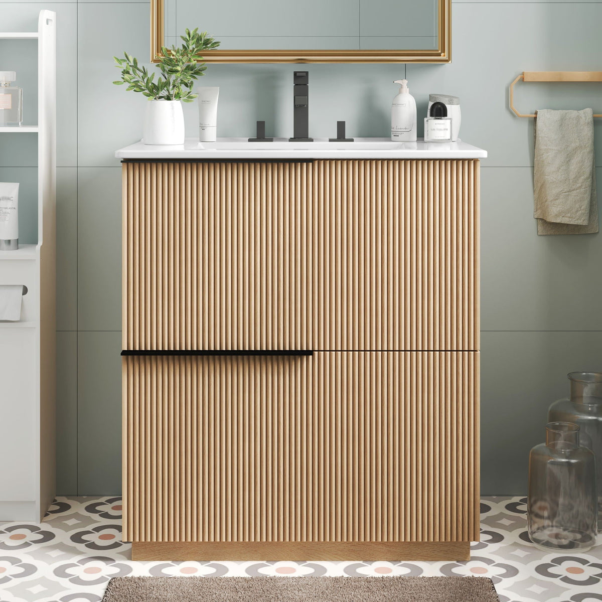 Fluted Bathroom Vanity with Ceramic Sink and Soft-Close Drawers - Light Brown, White, or Dark Green