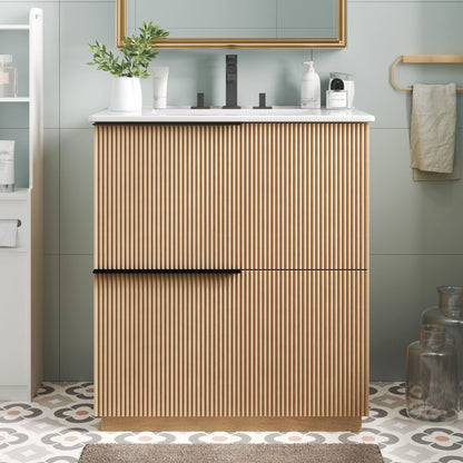 Fluted Bathroom Vanity with Ceramic Sink and Soft-Close Drawers - Light Brown, White, or Dark Green