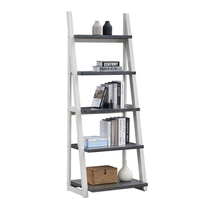 5-Tier Ladder Shelf with Rubber Wood Frame - Grey & White