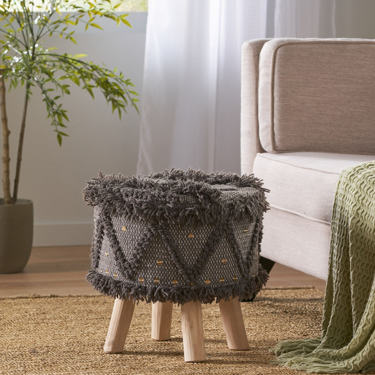 Handcrafted Wool & Cotton Foot Stool with Eucalyptus Frame - Dark Brown