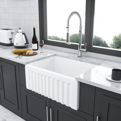 Apron Front Reversible Single Bowl Kitchen Sink with Grid and Strainer - White