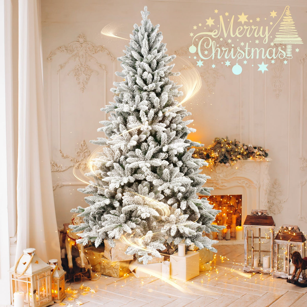 6ft Snow-Flocked Pre-Lit Christmas Tree with 1100 PE+PVC Tips - White