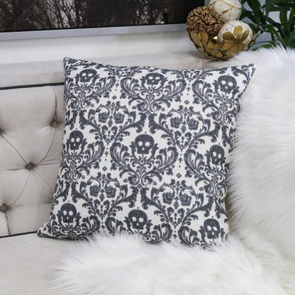 Baroque Skull Damask Accent Pillow with Removable Cover - Black & White
