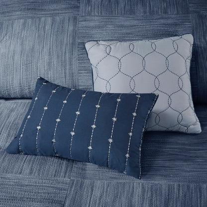 7 Piece Printed Seersucker Comforter Set with Hypoallergenic Fill - Navy