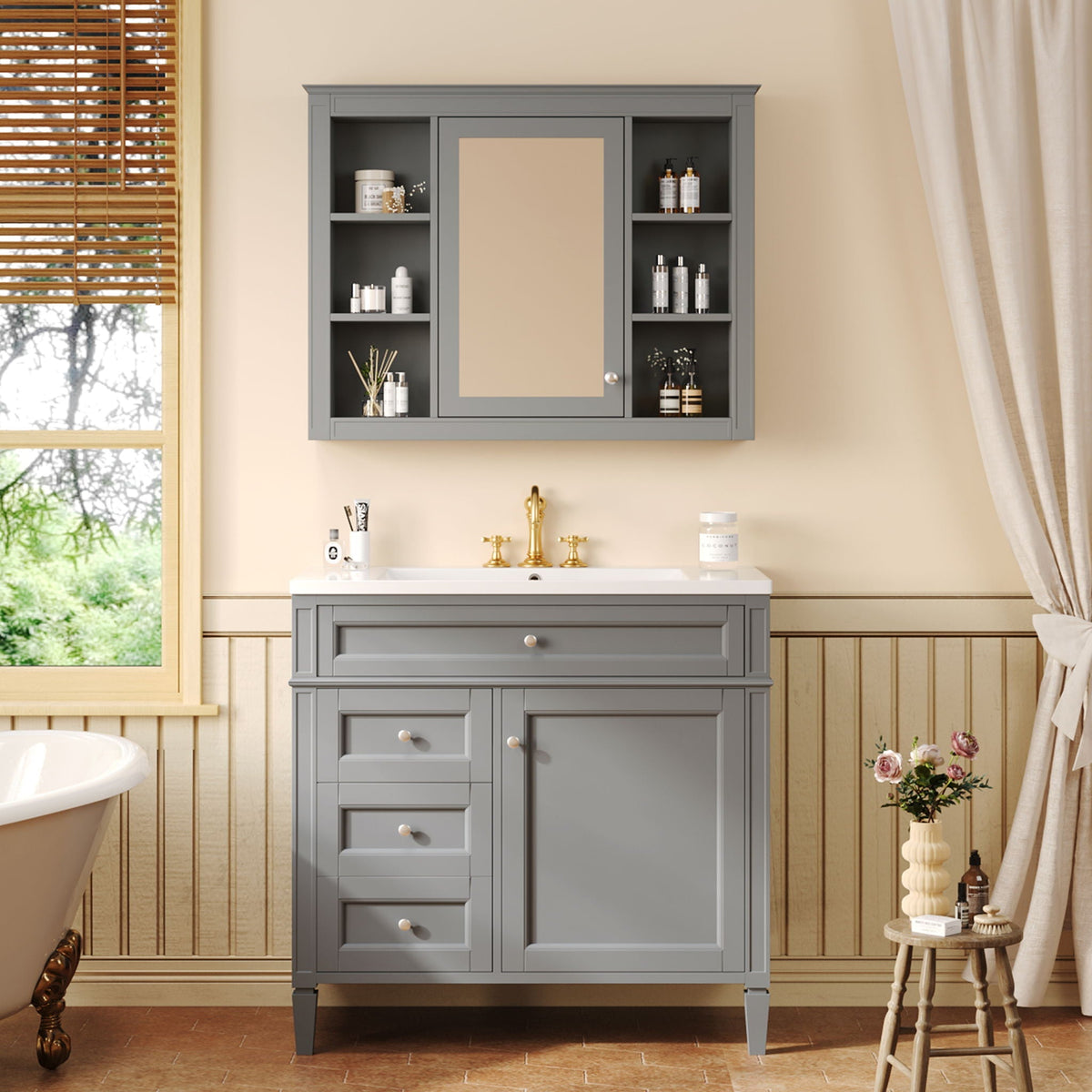 Bathroom Vanity With Mirror Cabinet and Single Sink - Soft-Closing Doors