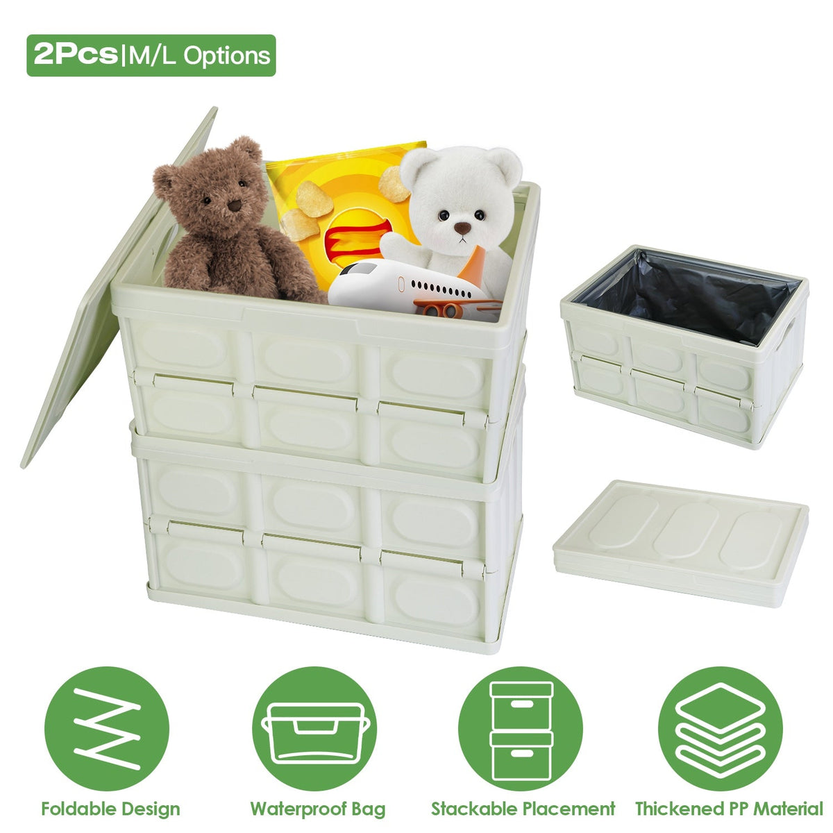 2Pcs 56L Collapsible Storage Bins With Dustproof Lid Waterproof Interior Bag Handle Stackable Storage Box Container Utility Organizer Crate For Campin