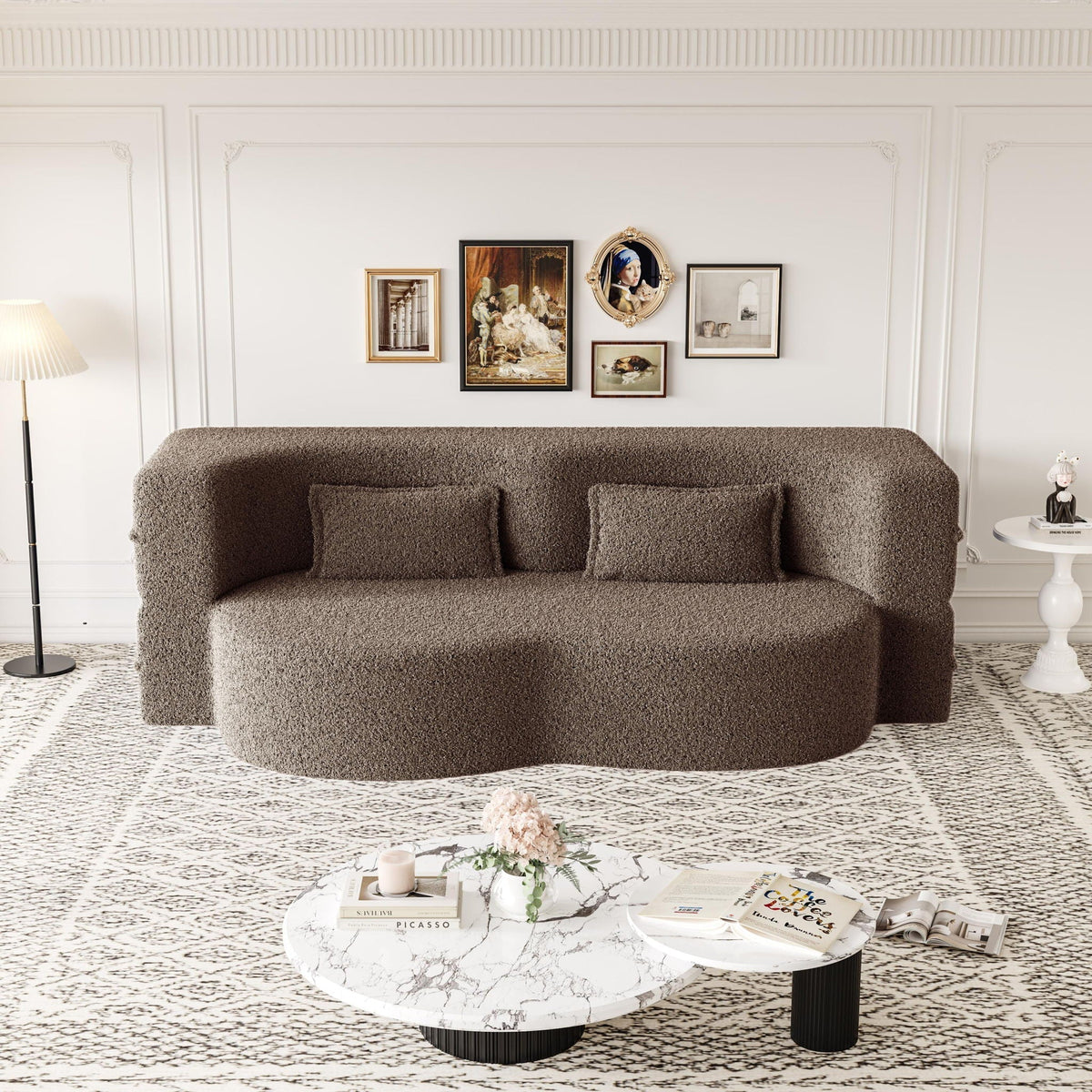 Modern Floor Futon Sofa Bed with Teddy Fabric and Two Pillows - Multiple Colors