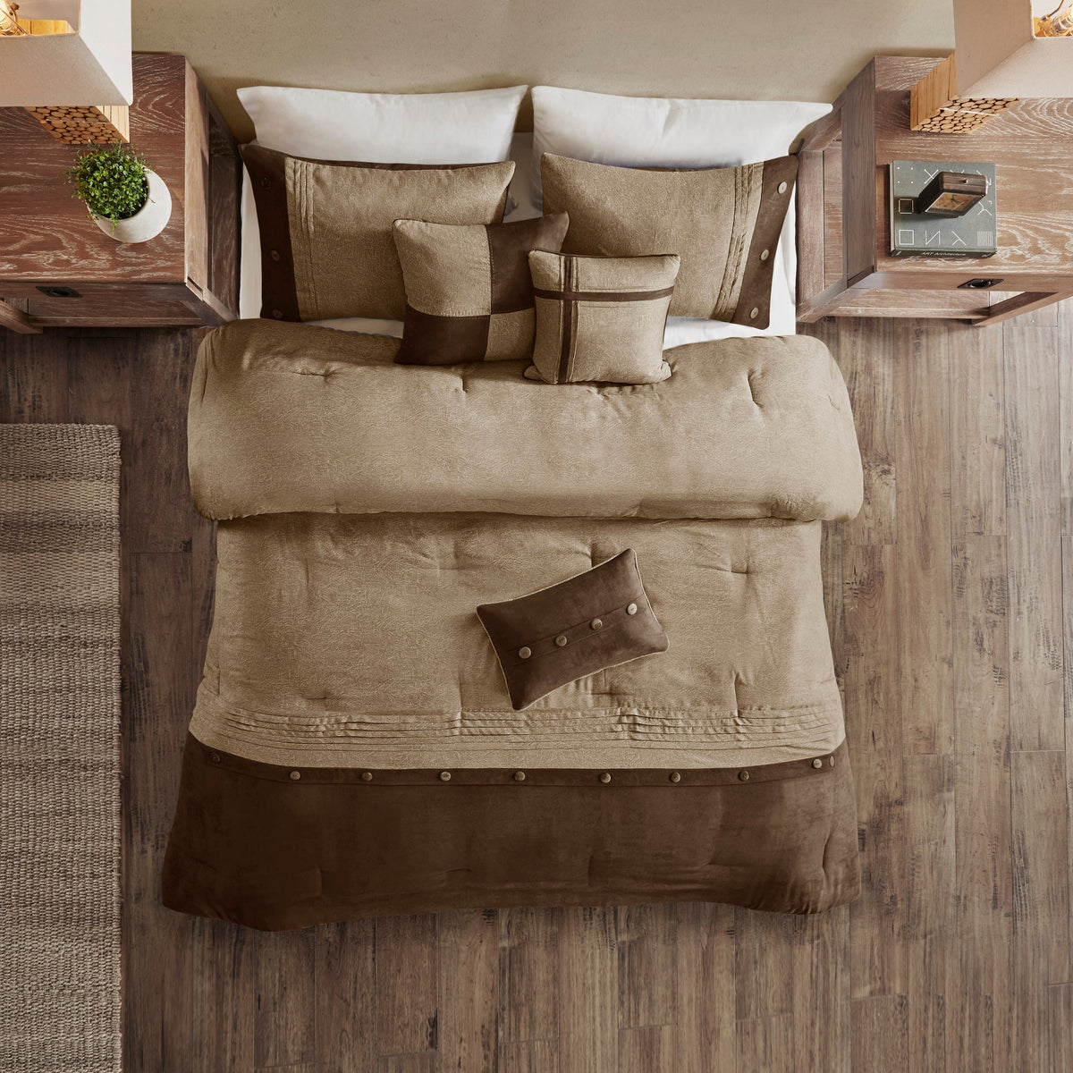 Brown Faux Suede 7 Piece Comforter Set with Decorative Pillows - King