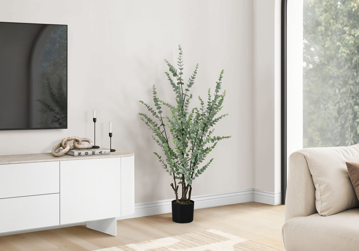 44" Tall Artificial Eucalyptus Plant with Black Pot - Lifelike Plastic Greenery