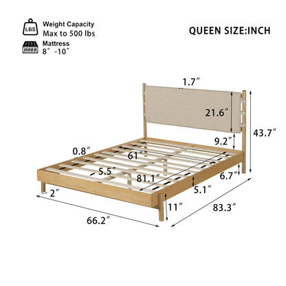 Premium Rubber Wood Platform Bed Frame, Queen Size with Headboard