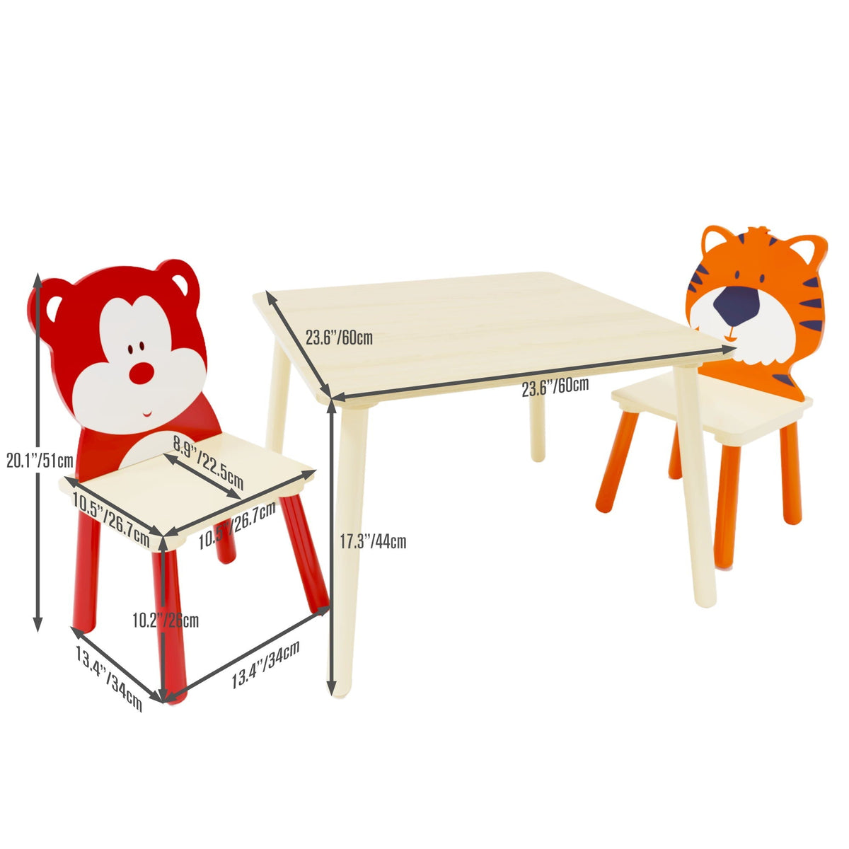 Wood Activity Table and 2 Chairs Set with Bear & Tiger Design - Natural
