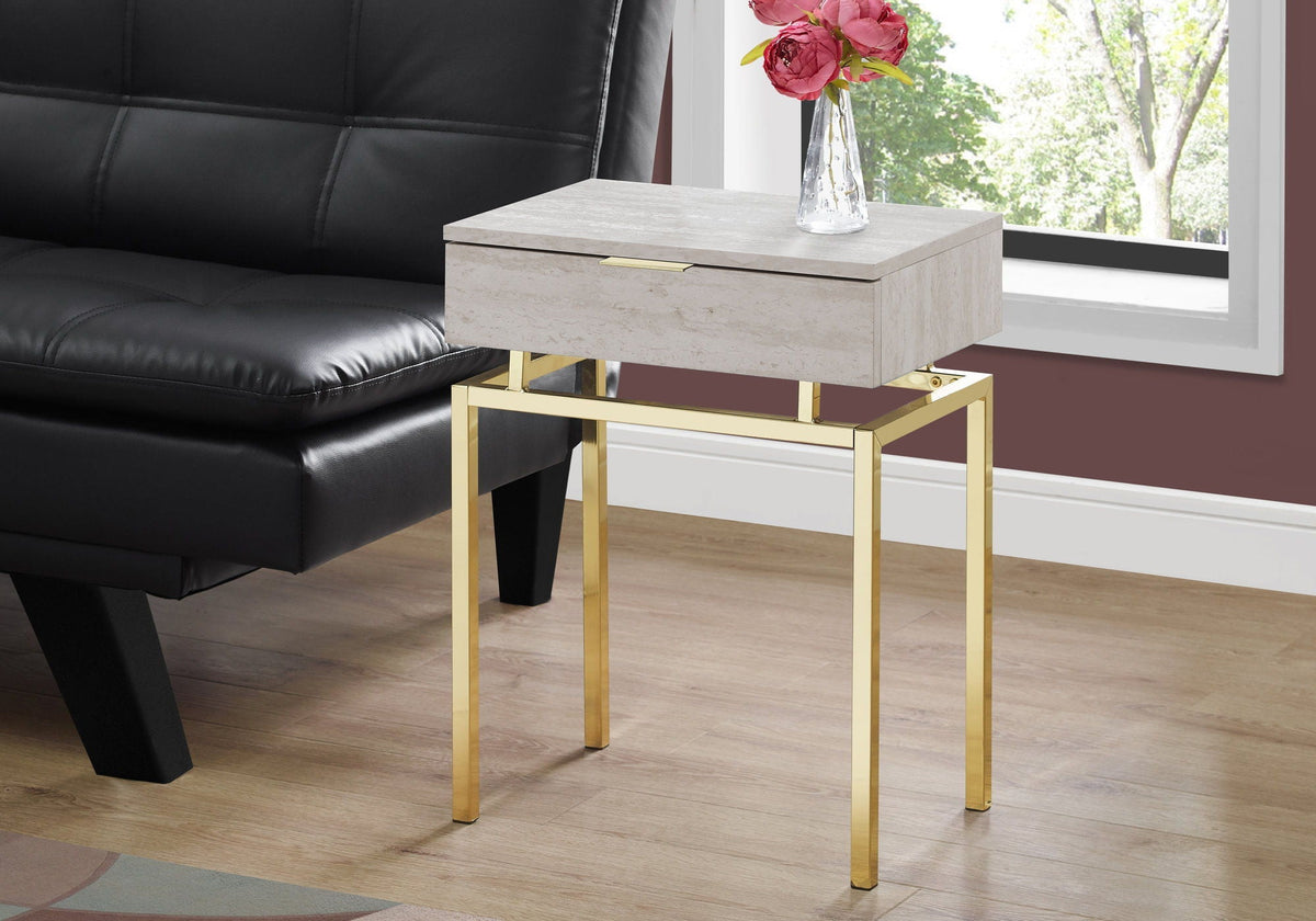 Beige Accent Side Table with Storage Drawer - Wood & Metal Modern Table