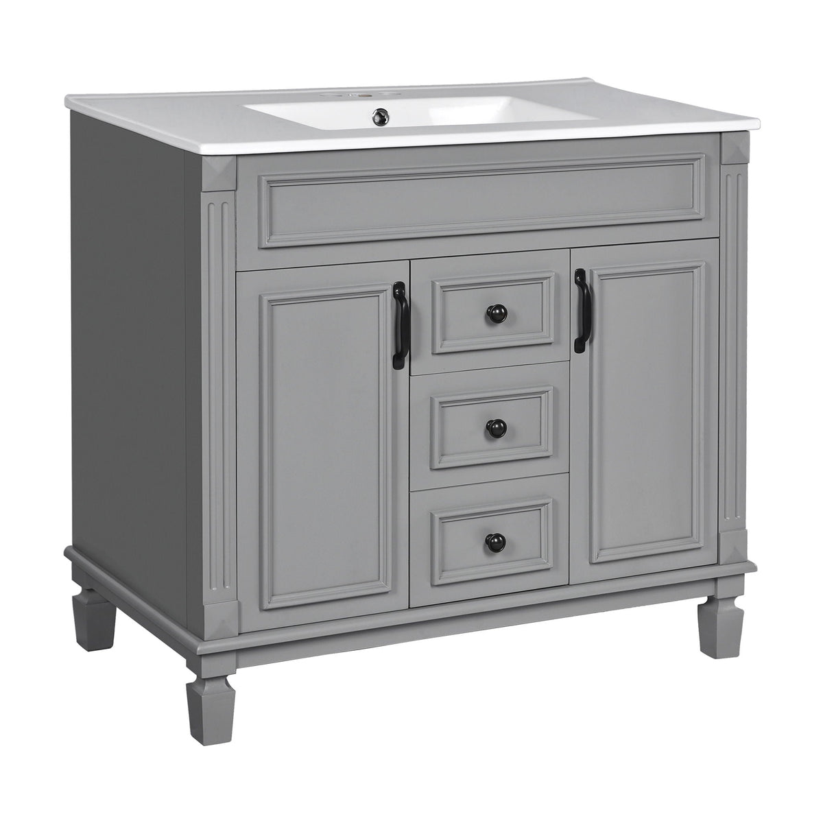 Bathroom Vanity with Ceramic Sink and Soft-Closing Storage - Dark Gray, White, or Black