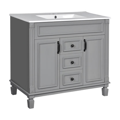 Bathroom Vanity with Ceramic Sink and Soft-Closing Storage - Dark Gray, White, or Black