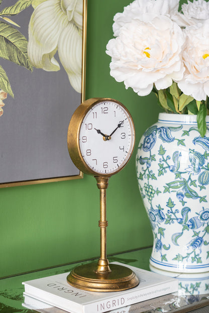 Vintage Inspired Gold Iron Table Clock with Pedestal Design - Gold