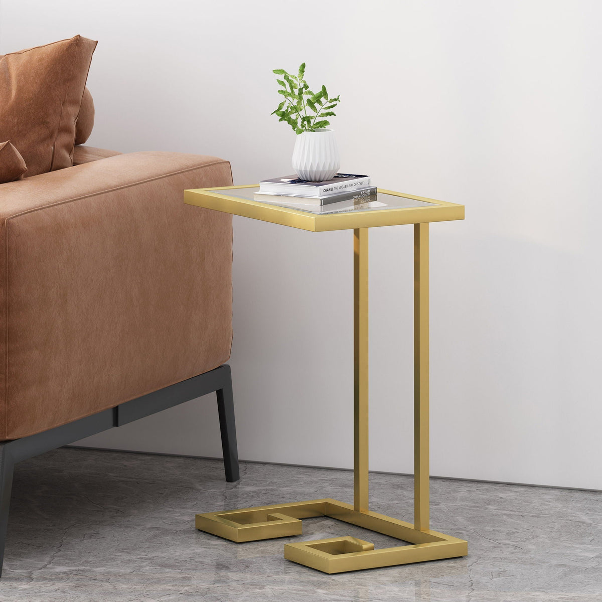 Modern Glam C Shaped End Table with Tempered Glass Top - Gold