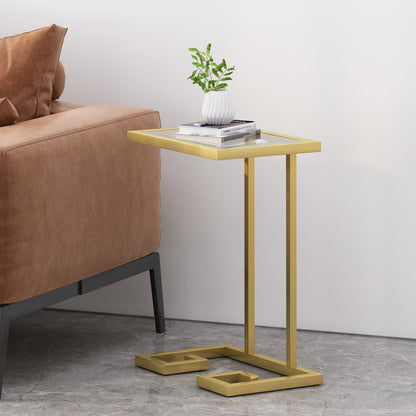 Modern Glam C Shaped End Table with Tempered Glass Top - Gold