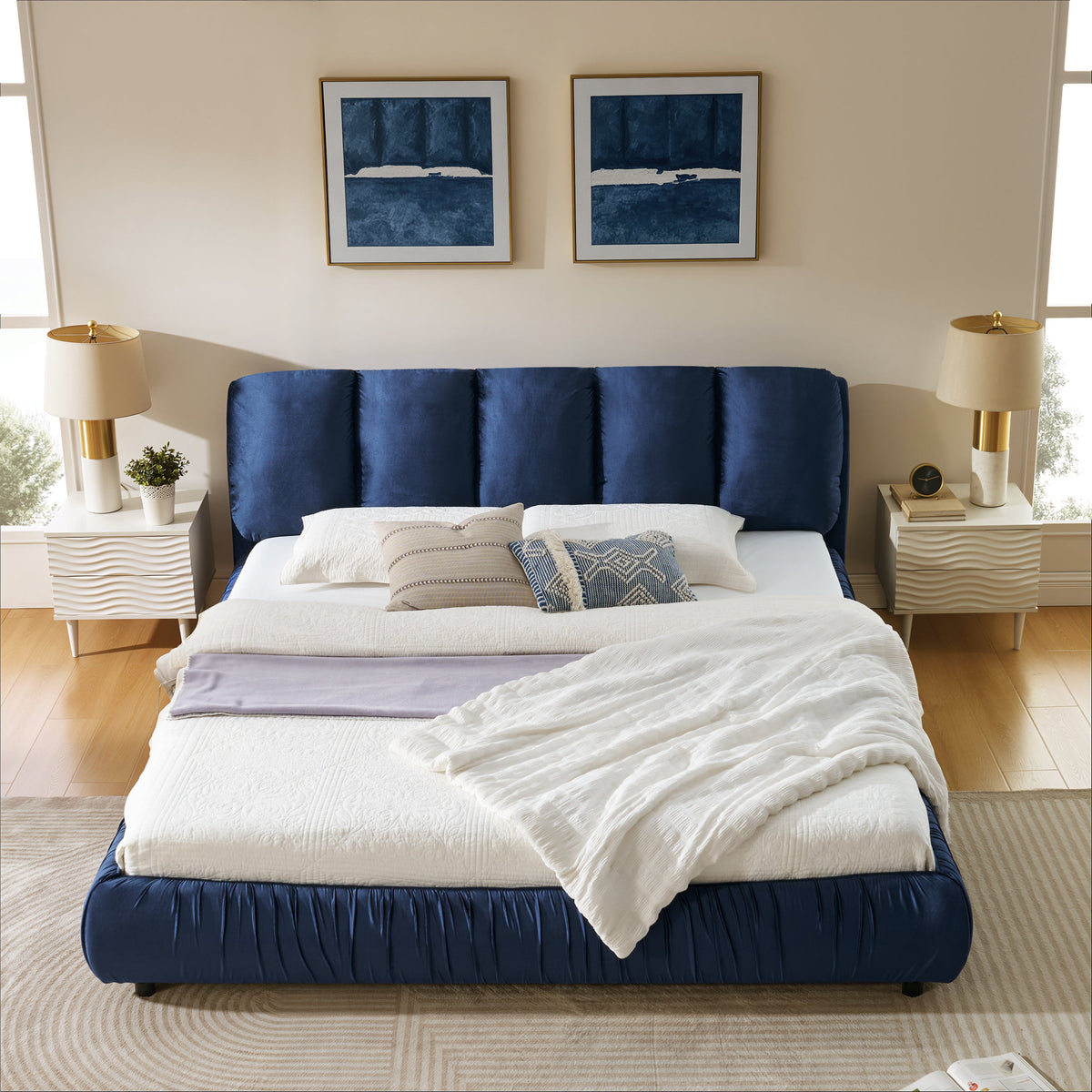 King Size Upholstered Bed Frame with Segmented Sponge Headboard - Dark Blue or Beige