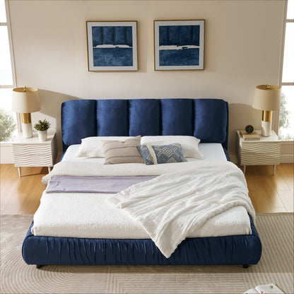 King Size Upholstered Bed Frame with Segmented Sponge Headboard - Dark Blue or Beige