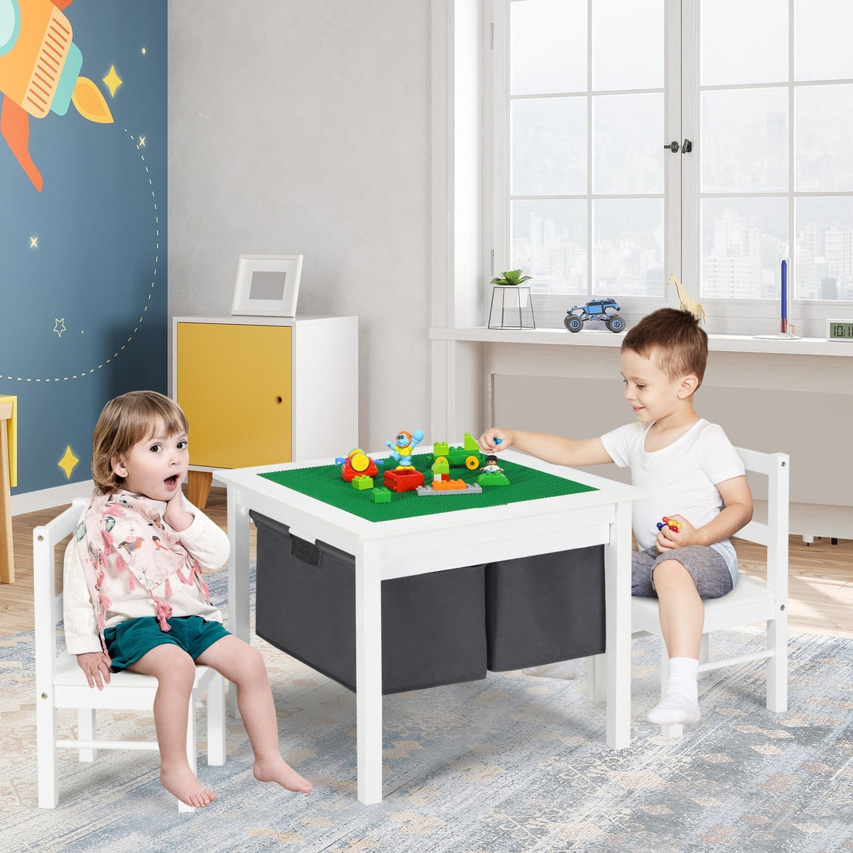 2-in-1 Kids Activity Table and 2 Chairs Set with Storage Building Block Table