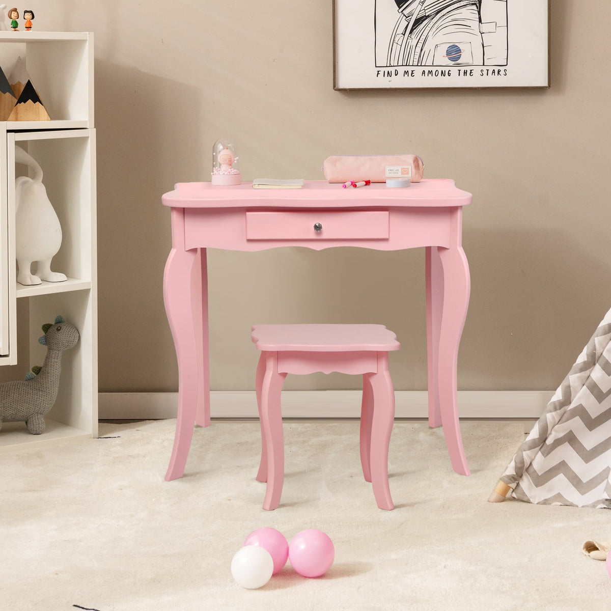 Kids Makeup Dressing Mirror Vanity Table Stool Set