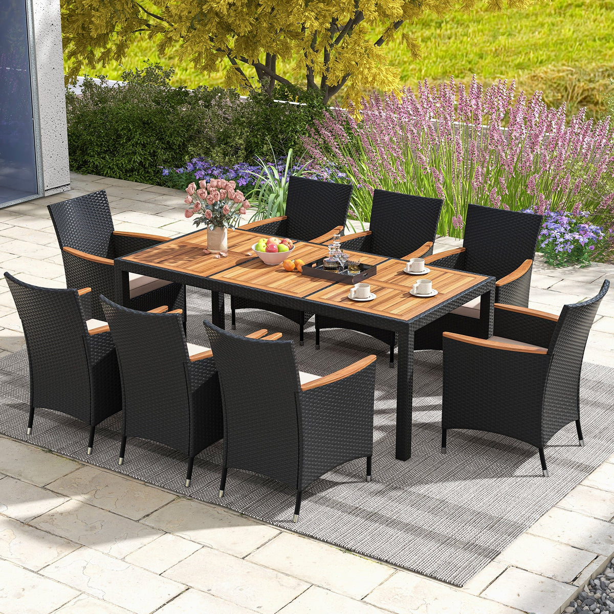 9 Pieces Outdoor Dining Set with Acacia Wood Tabletop