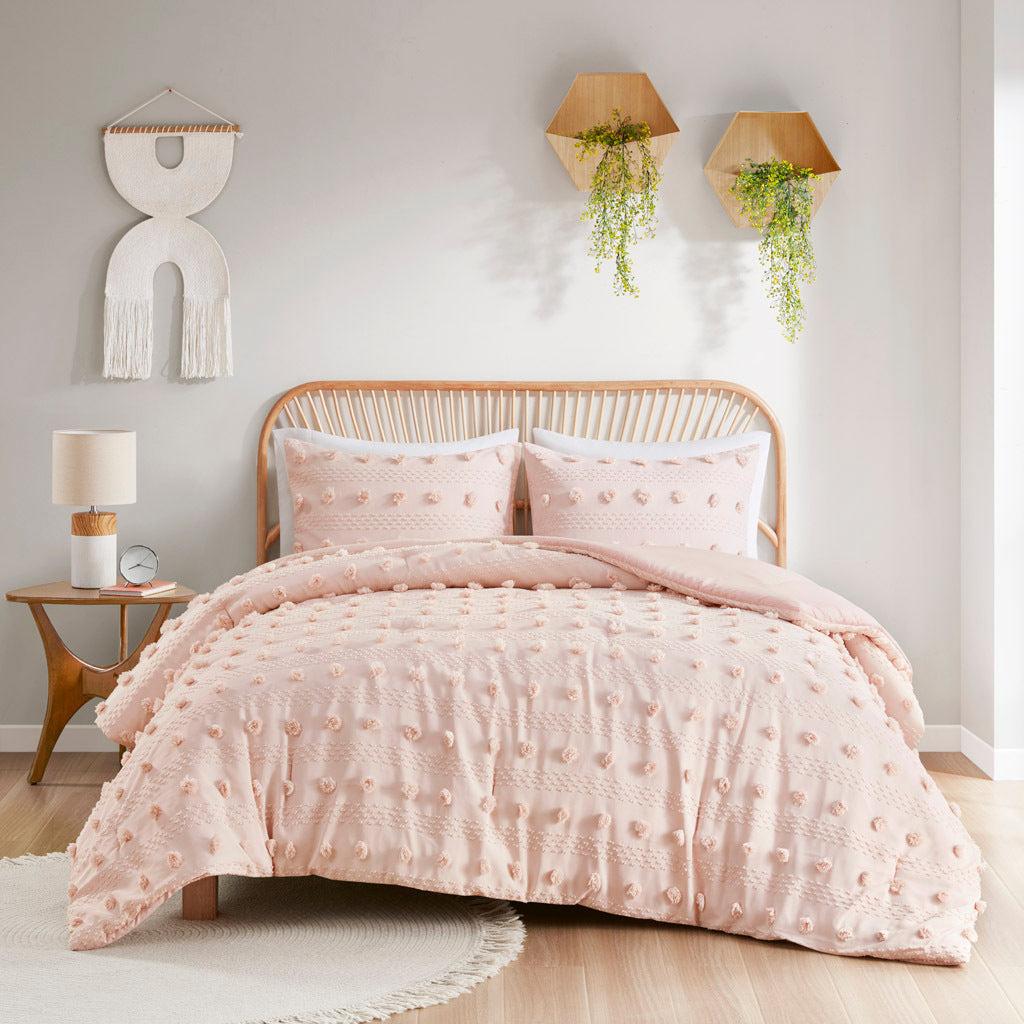 Full/Queen Clip Jacquard Comforter Set with Hypoallergenic Filling - White