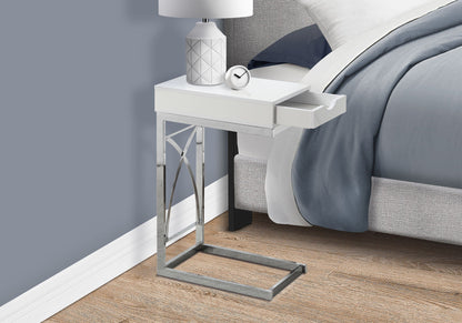 C-Shaped Glossy Accent Table with Dual-Access Drawer - White