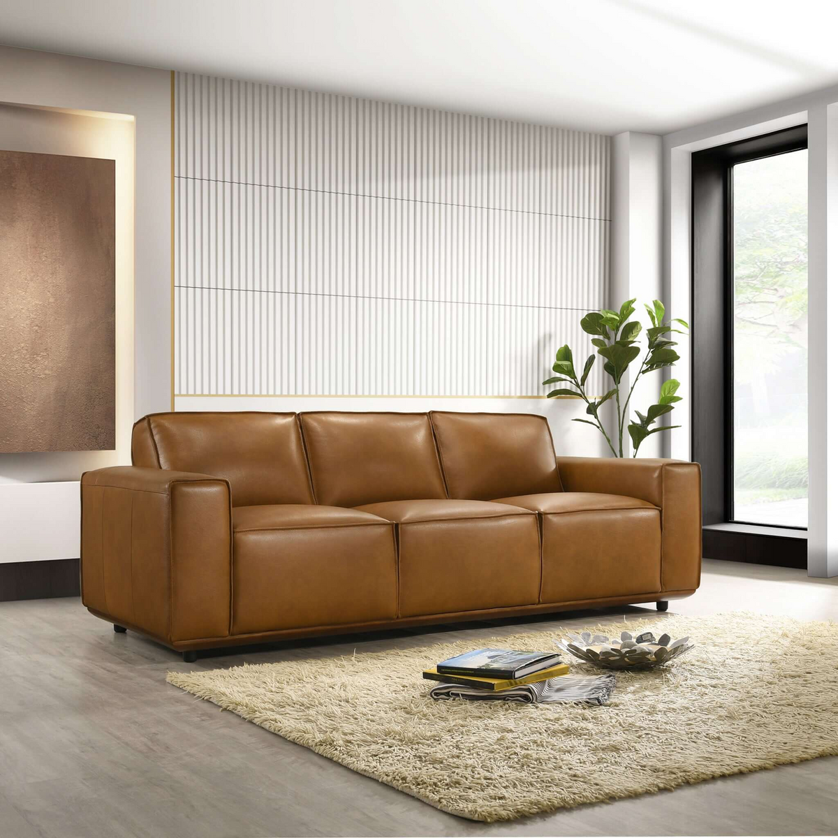 Genuine Tan Leather Sofa with Solid Wood Frame - Tan