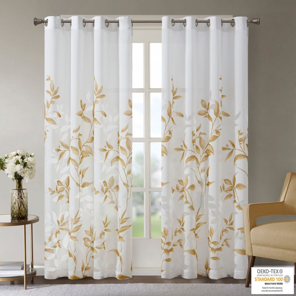 Burnout Printed Curtain Panel with Botanical Burnout Print - Ivory Gold