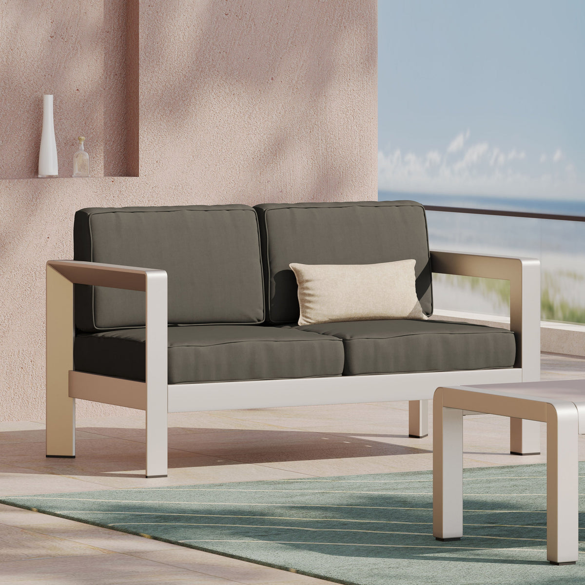 Outdoor Aluminum Loveseat with Deep Cushions - Silver