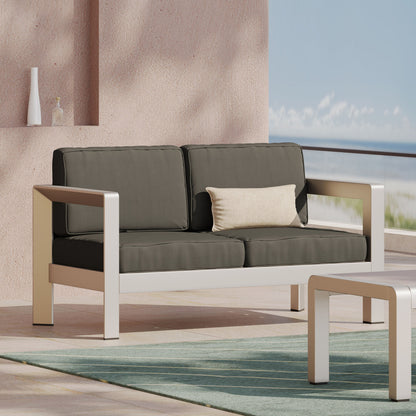 Outdoor Aluminum Loveseat with Deep Cushions - Silver