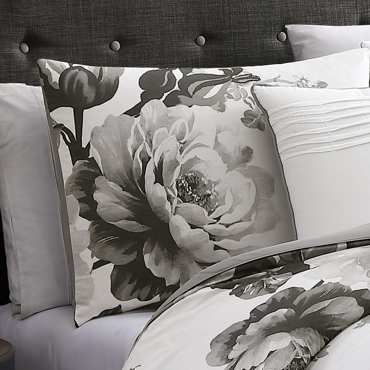 Black and White Floral Comforter Set with Reversible Backing - 7 Piece
